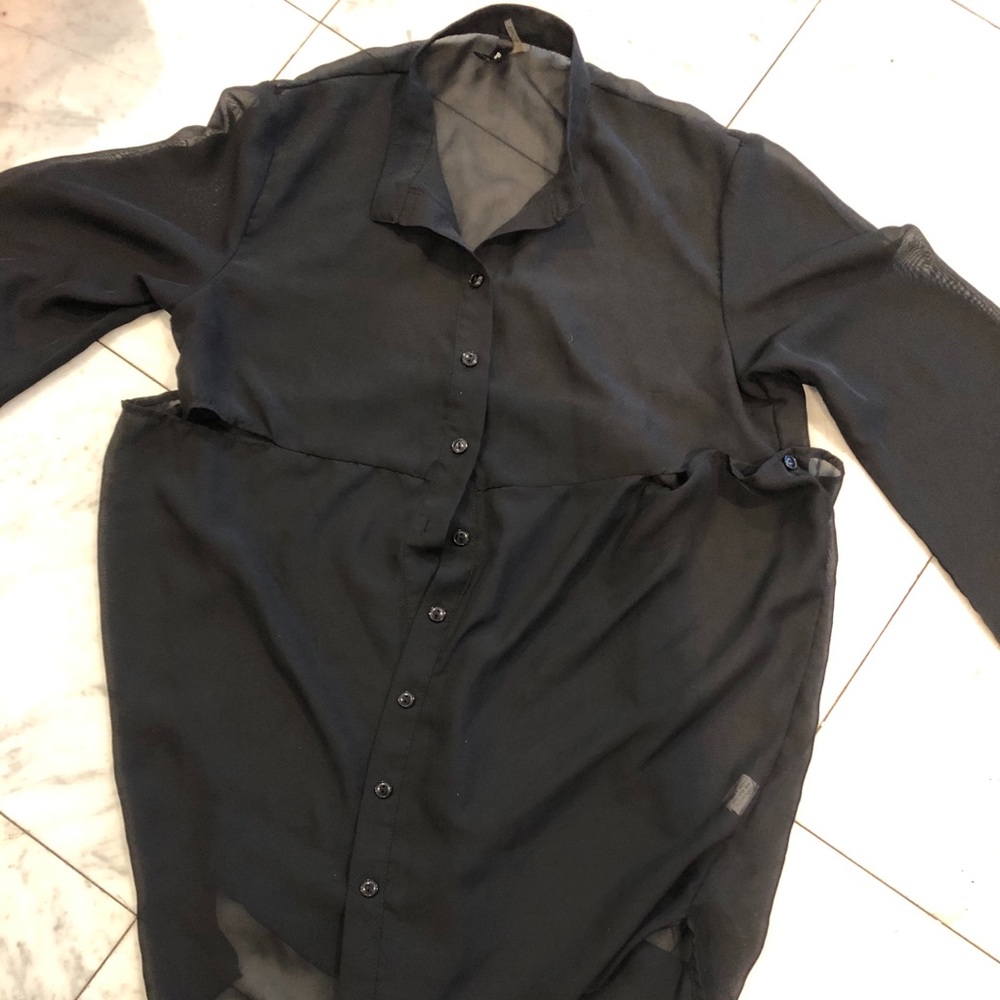 Sheer Black Long Sleeve Button Down Blouse